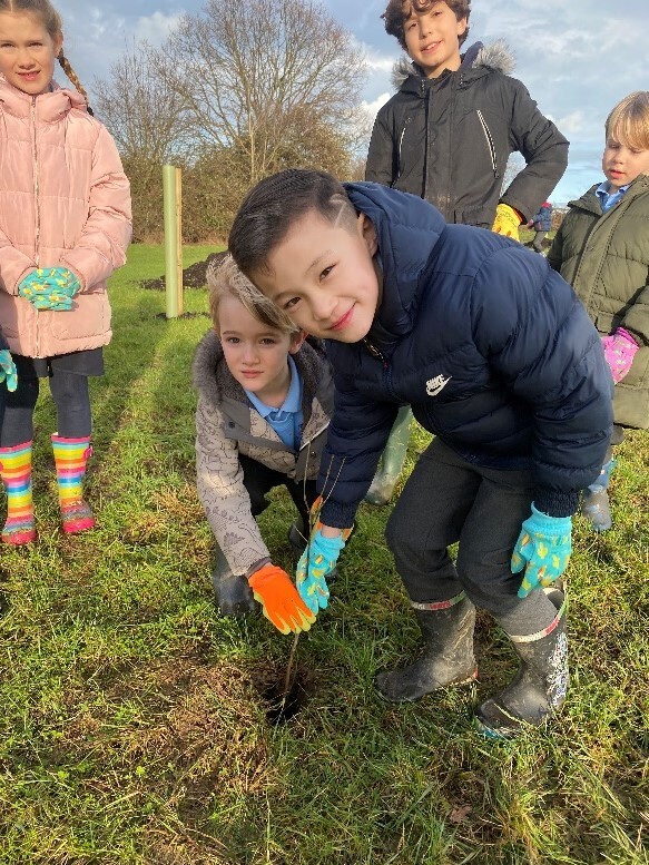 Picture of children from St Andrews School planting trees at Weald Common